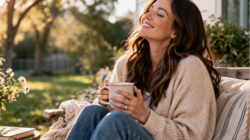 A woman holding a cup of coffee looking up to the sky. Looking Joyful.