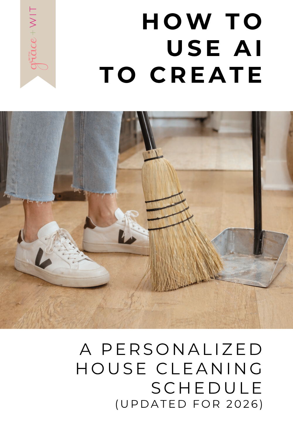 A woman sweeping her wood floors.