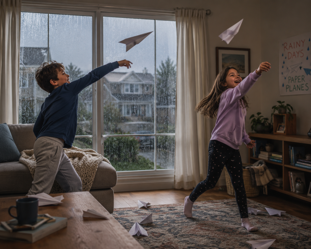 boy and girl throwing paper airplanes in the living room. It is raining outside.