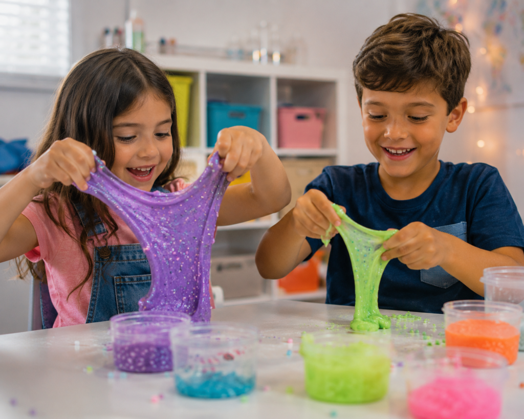 girl with purple slime and boy with green slime.