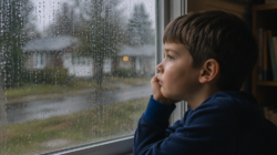 boy looking out the window at rain.