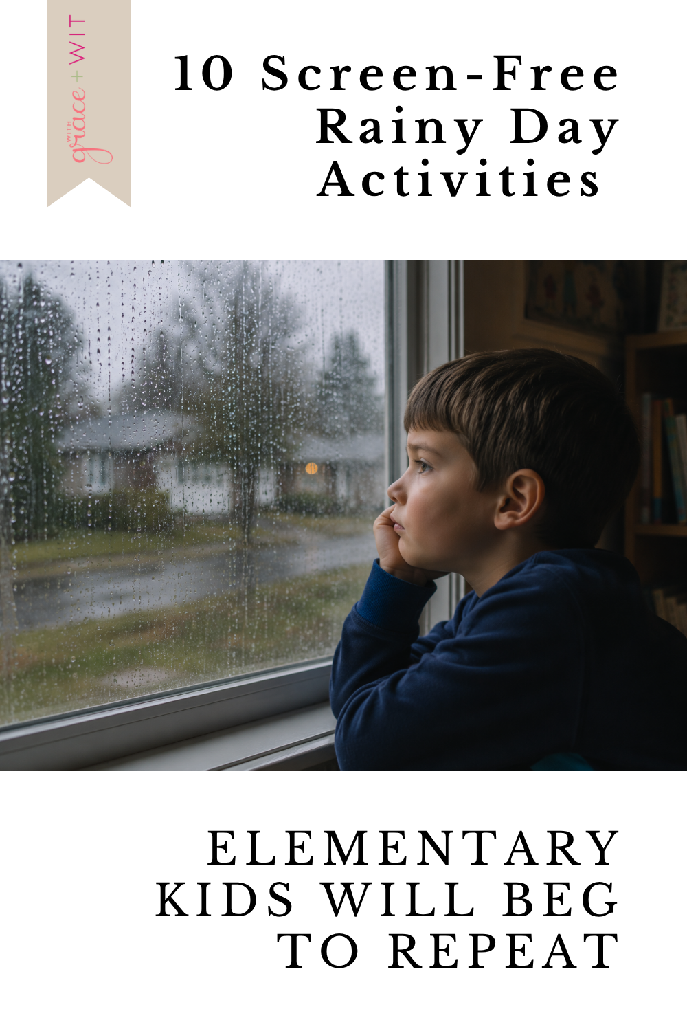 boy looking out the window at rain.
