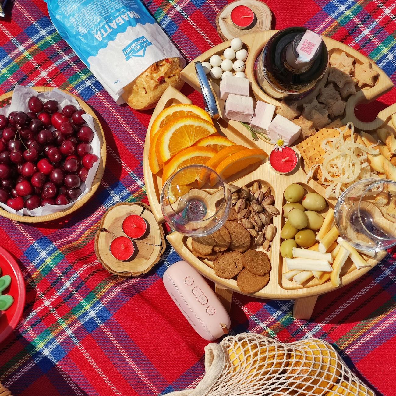 charcuterie on a picnic blanket
