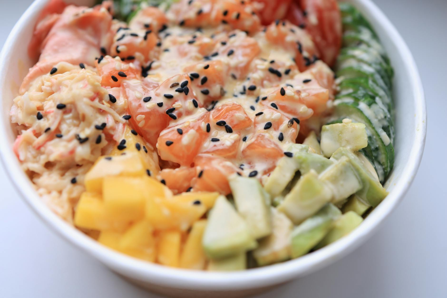 Picnic Meal of poke bowl with salmon