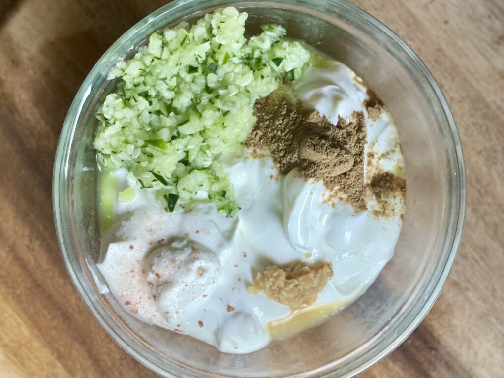 Creamy Cucumber Sauce Ingredients - closeup in bowl