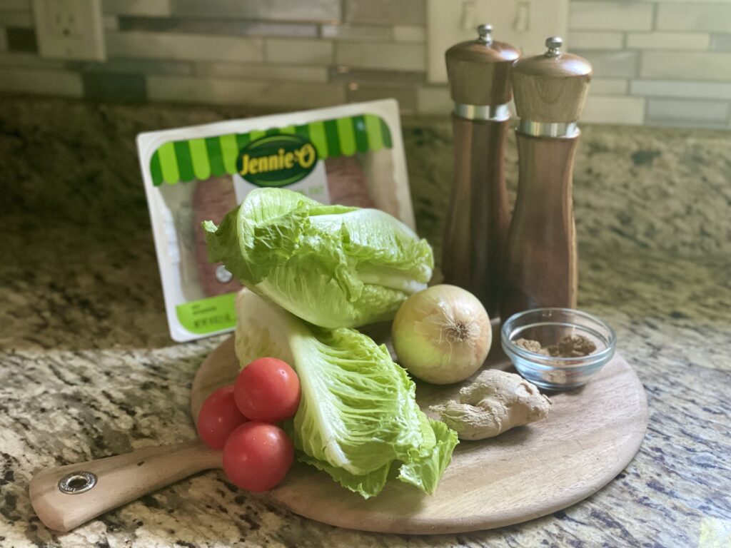 Main ingredients for gyro lettuce boats: Turkey, lettuce, onion, tomatoes, spices, ginger, salt and pepper