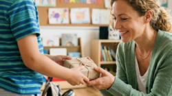 Elementary school student giving teacher a gift.