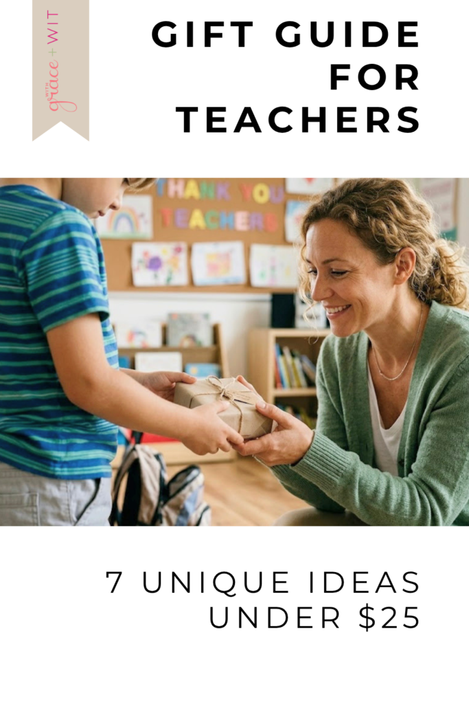 Elementary school student giving teacher a gift.