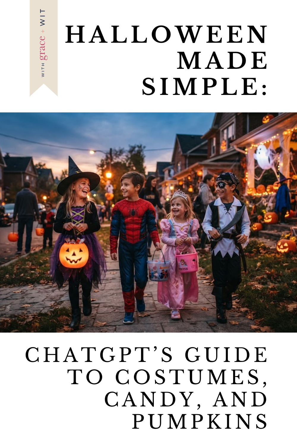four kids in costume trick or treating. There is a witch, Spider-Man, a princess and a pirate.