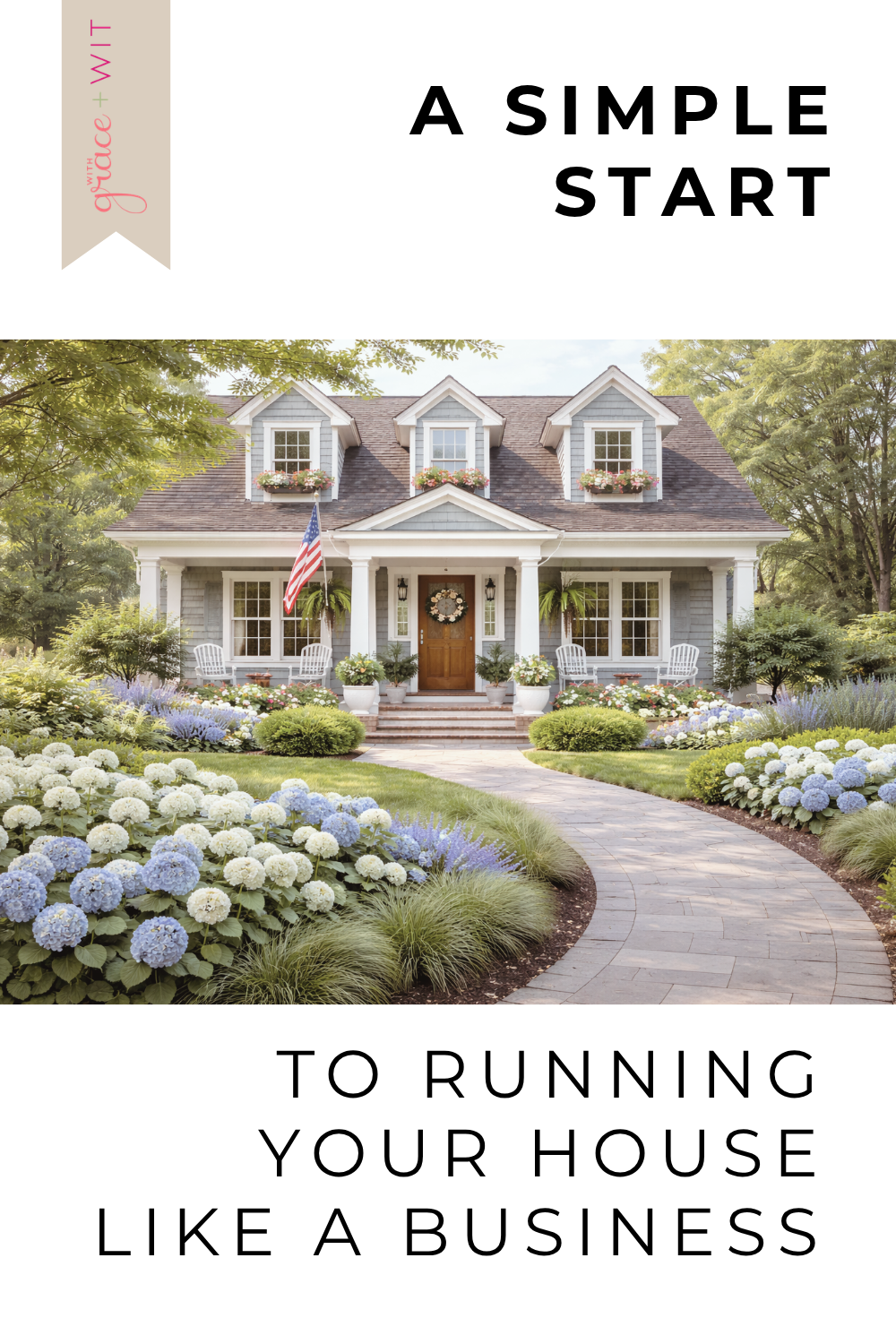 A cape cod house with hydrangeas in the front yard.