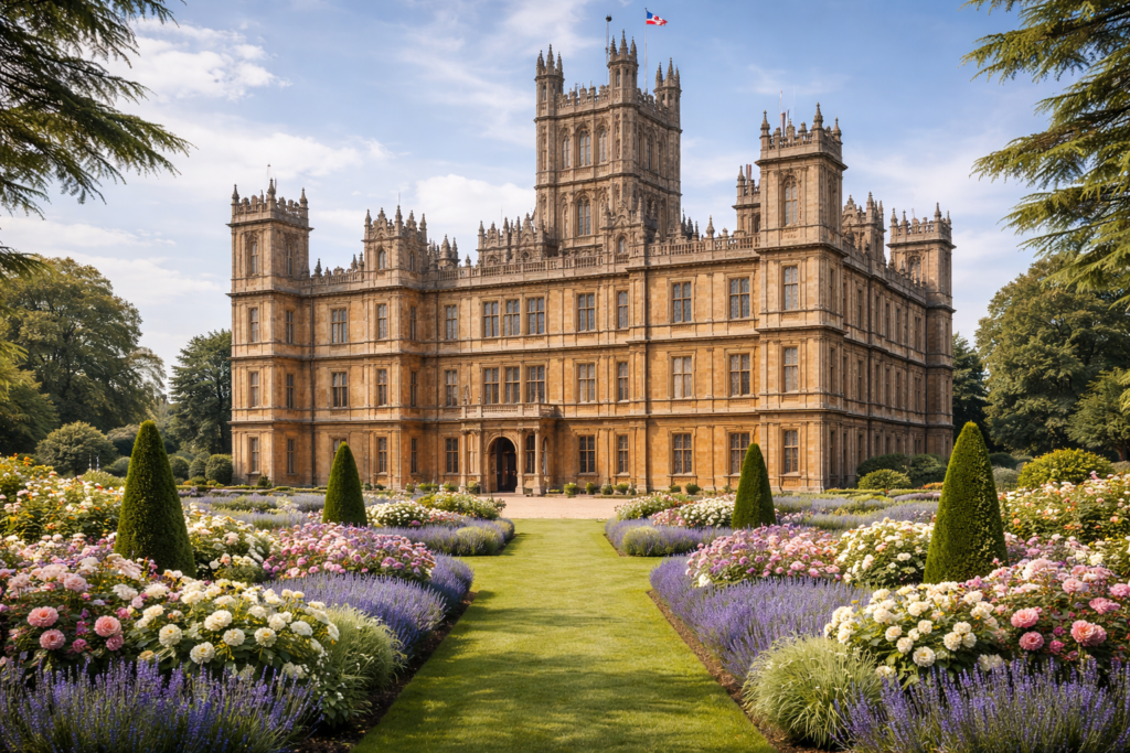 A fictional Downton Abbey house, with hydrangeas in the front yard.