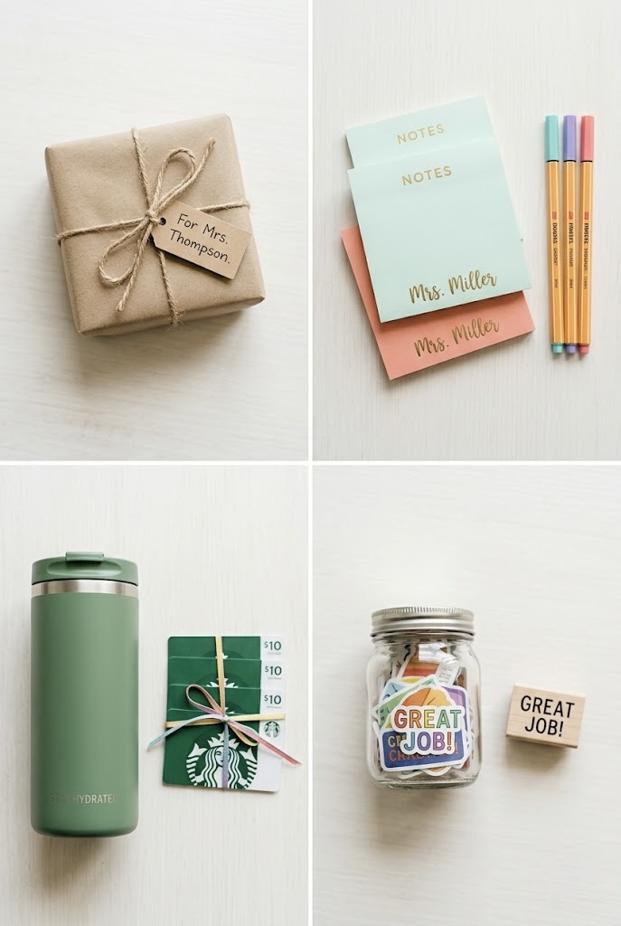 a grid of gifs to give teachers: a gift wrapped in kraft paper, sticky notes and pens, water bottle and gift cards, stickers and stamps