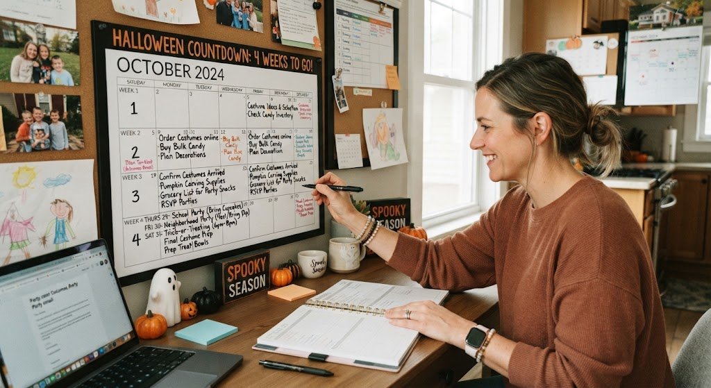 A mom planning October on a big wall calendar. 