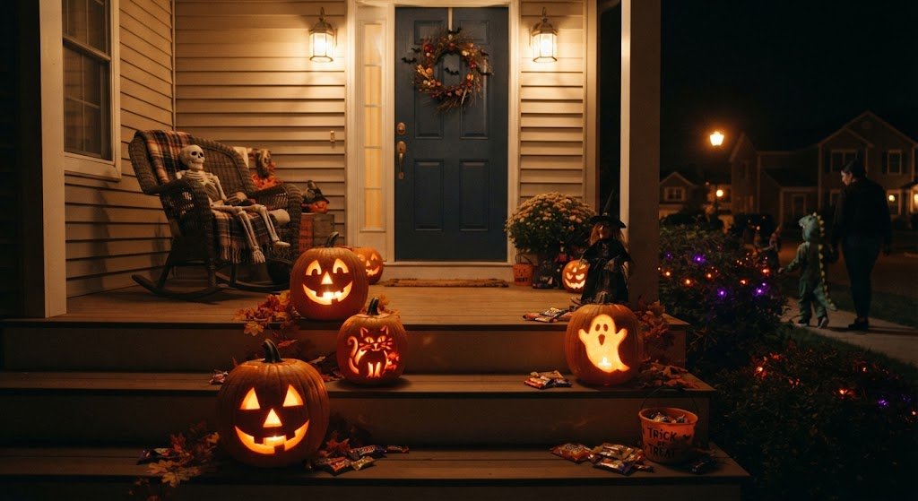 Jack-o-lanterns on a porch, Halloween night.