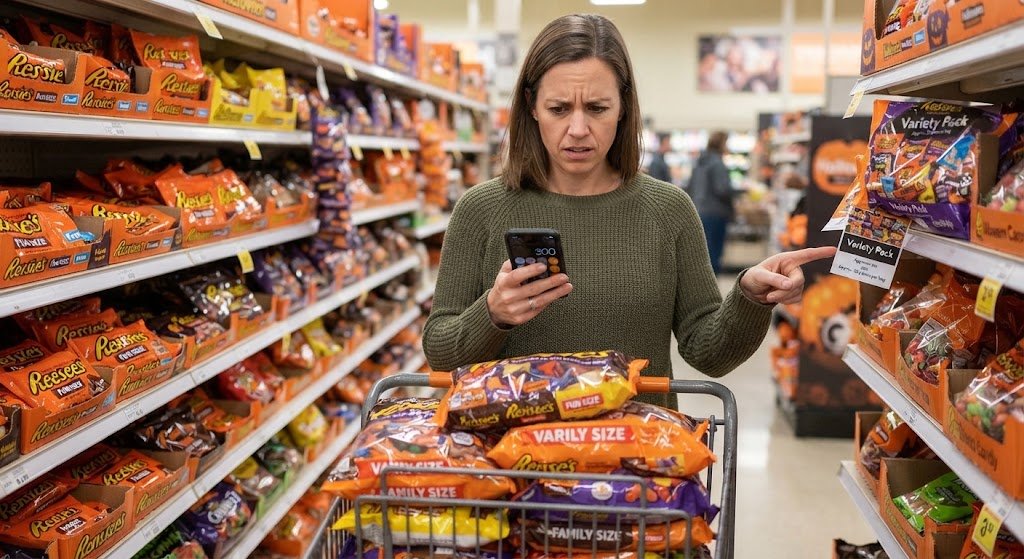 A woman pushing a shopping cart down a Halloween candy isle. 