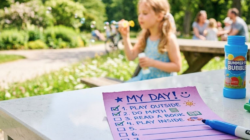 A summer to-do list for kids with a girl playing outside in the background.
