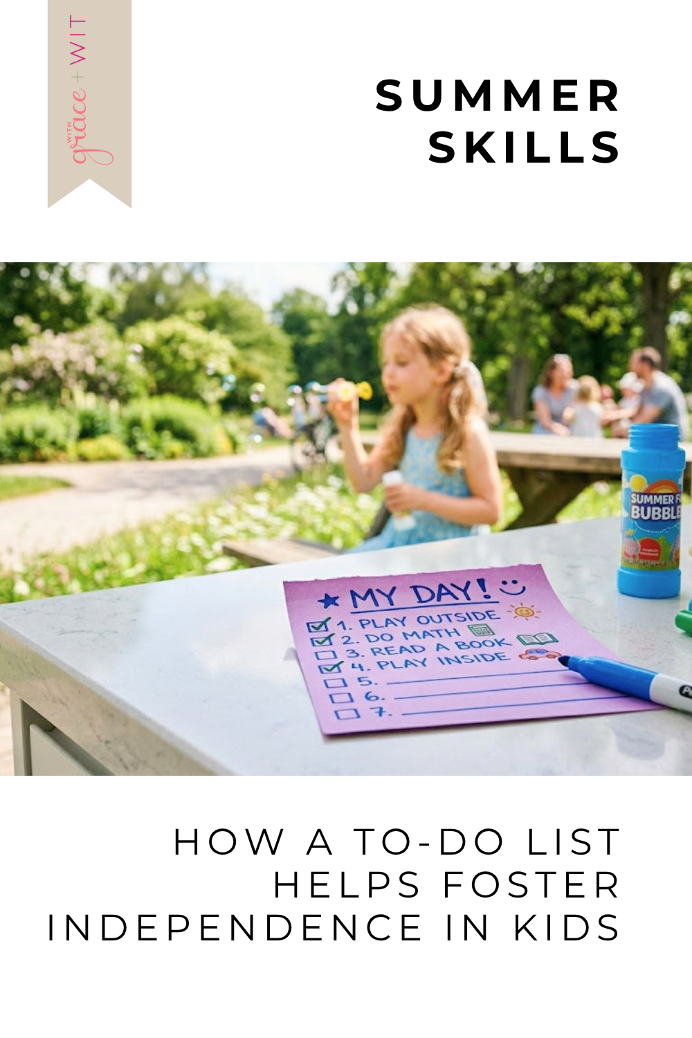 A summer to-do list for kids with a girl playing outside in the background.