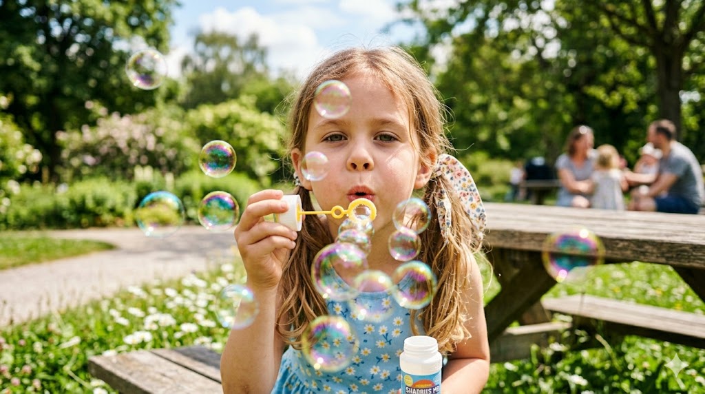 Girl playing with bubbles on a summer day.