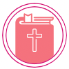 Faith and Perspective Icon: Pink Circle with a book with a cross on front.