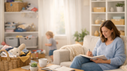 A living room with an organization system failing on the left and tidy on the right