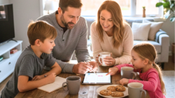 A family of four sitting, practicing the household system of the Sunday family sync, around a table with a calendar.
