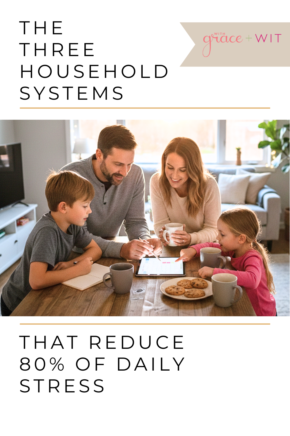 A family of four sitting, practicing the household system of the Sunday family sync, around a table with a calendar.