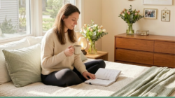 A woman sitting on her bed with a notebook working through the spring reset for busy moms.
