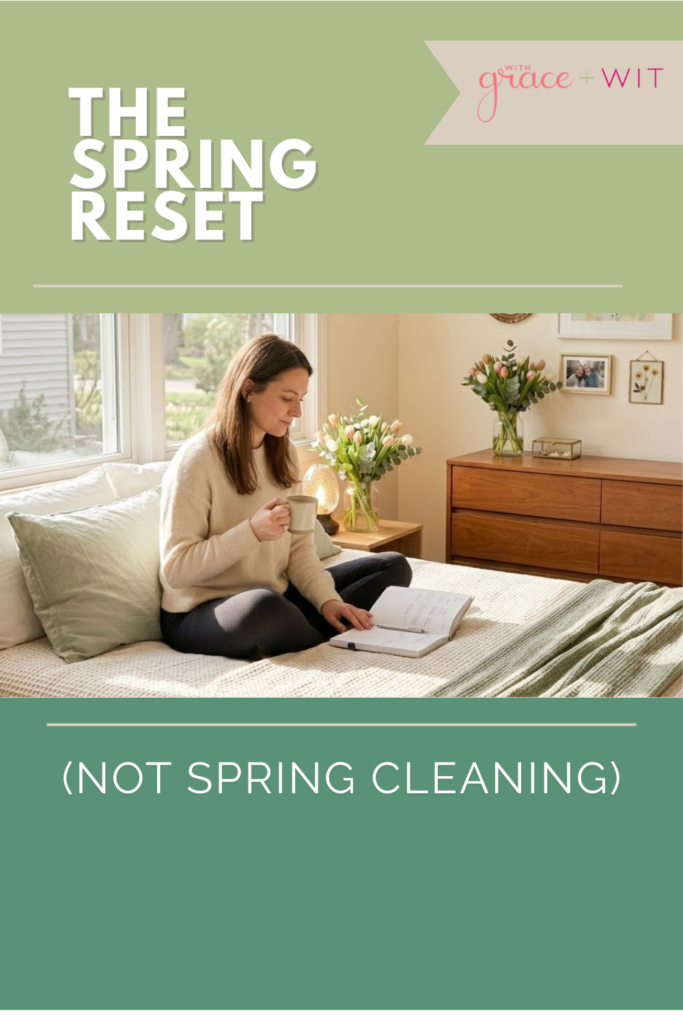 A woman sitting on her bed with a notebook working through the spring reset for busy moms.