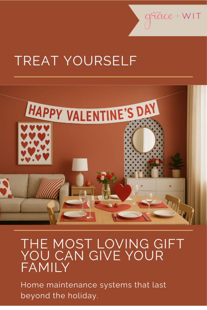 A house decorated for Valentine’s Day, with text about home organization systems.