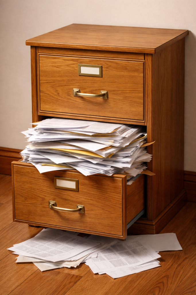 Two drawer filing cabinet with the bottom drawer open with paper piling out, in need of a home paper organization system.