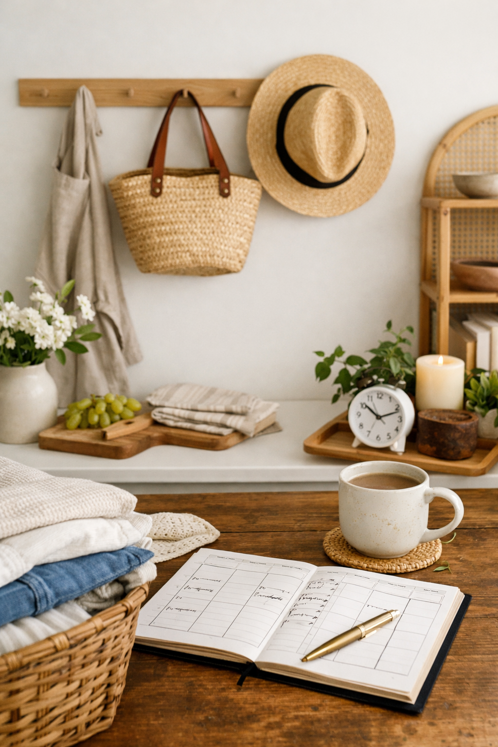 organized counter with book.