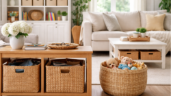 A living room organized with bins and baskets.
