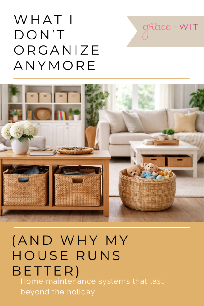 A living room organized with bins and baskets.