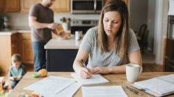 Woman sitting at kitchen table managing the household by herself.