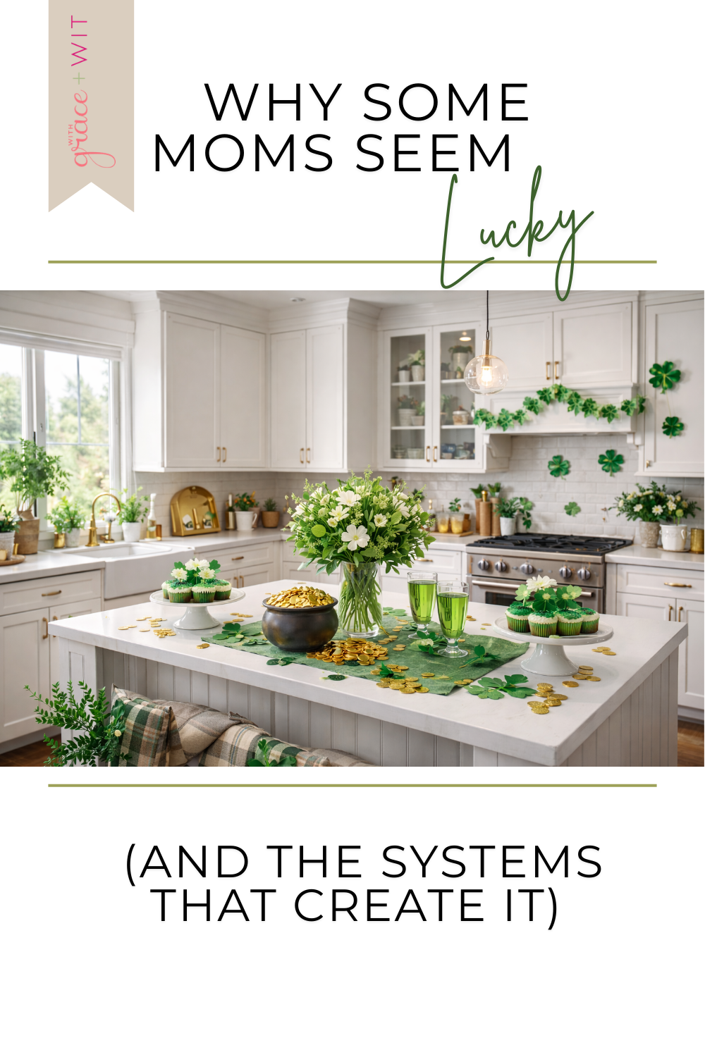 a white kitchen decorate to show luck, with green St. Patrick’s day decorations everywhere.