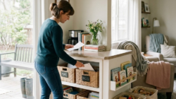 Woman at counter going through a paper reset routine