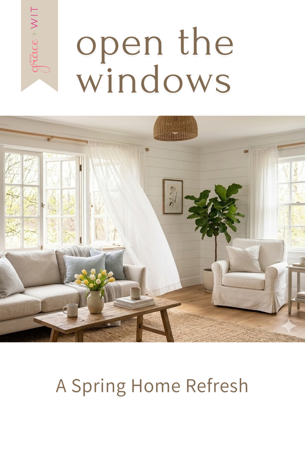 a living room with a spring refresh with open windows and blowing white curtains.