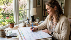 Woman planning her month, by sitting at a desk by a window and a calendar