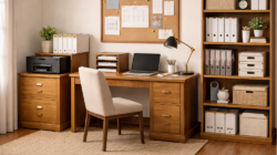 a home paper organization system set up in an office.