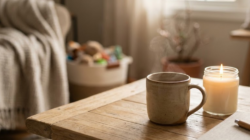A messy background, blanket on couch and over flowing toy bin and a peaceful table with a mug and lit candle trying to balance the chaos.