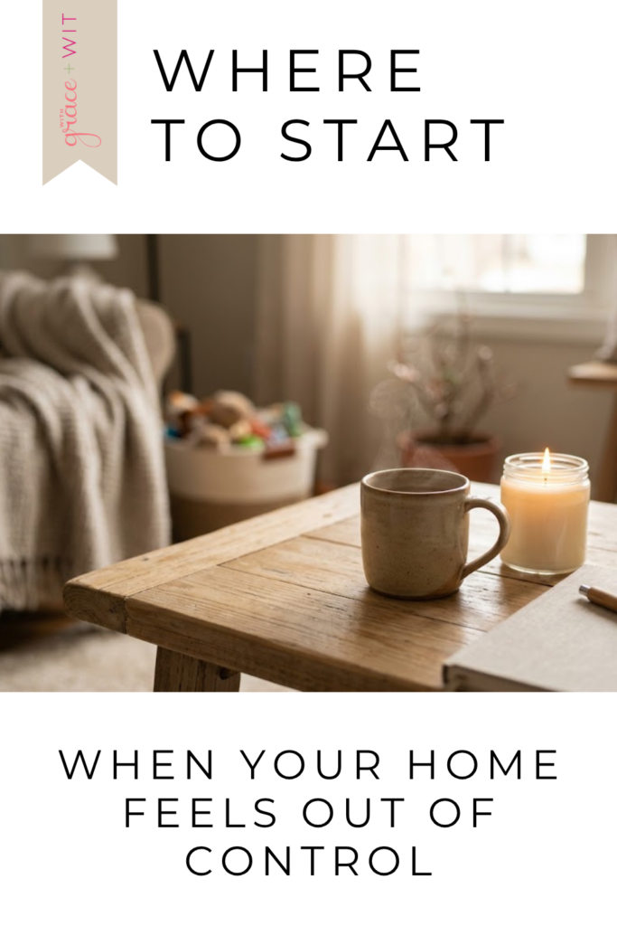 A messy background, blanket on couch and over flowing toy bin and a peaceful table with a mug and lit candle trying to balance the chaos.