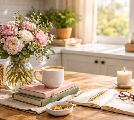 calm kitchen with roses