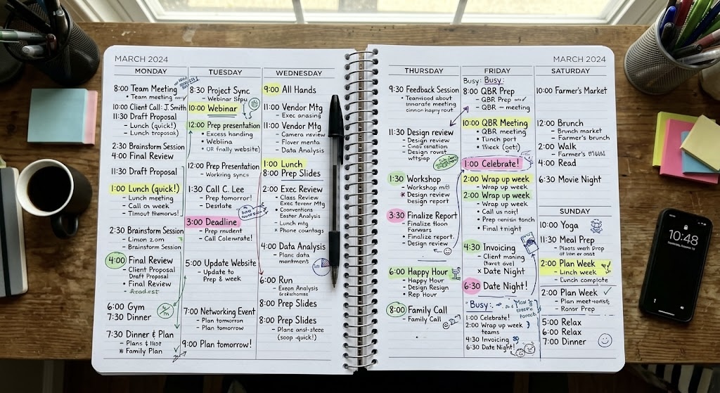 Top view of a calendar with a very busy week