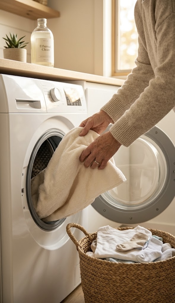 Woman’s arms putting a towel in the washing machine