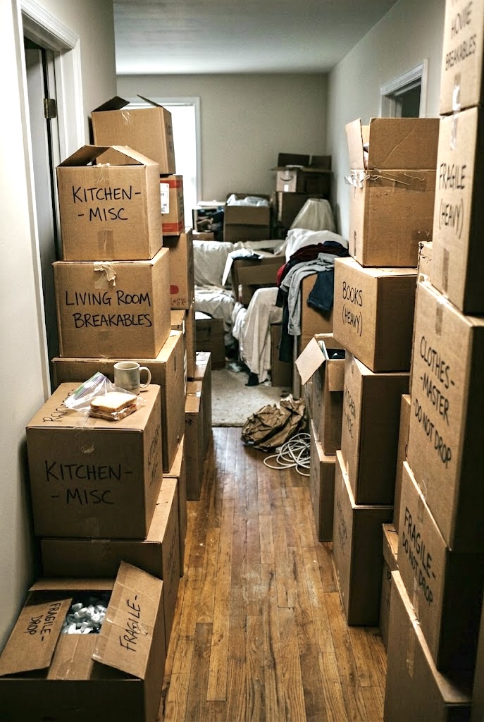 An overwhelming house with moving boxes everywhere.