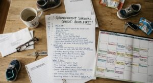 A busy counter top with a grandparent survival guide and a calendar on it. 