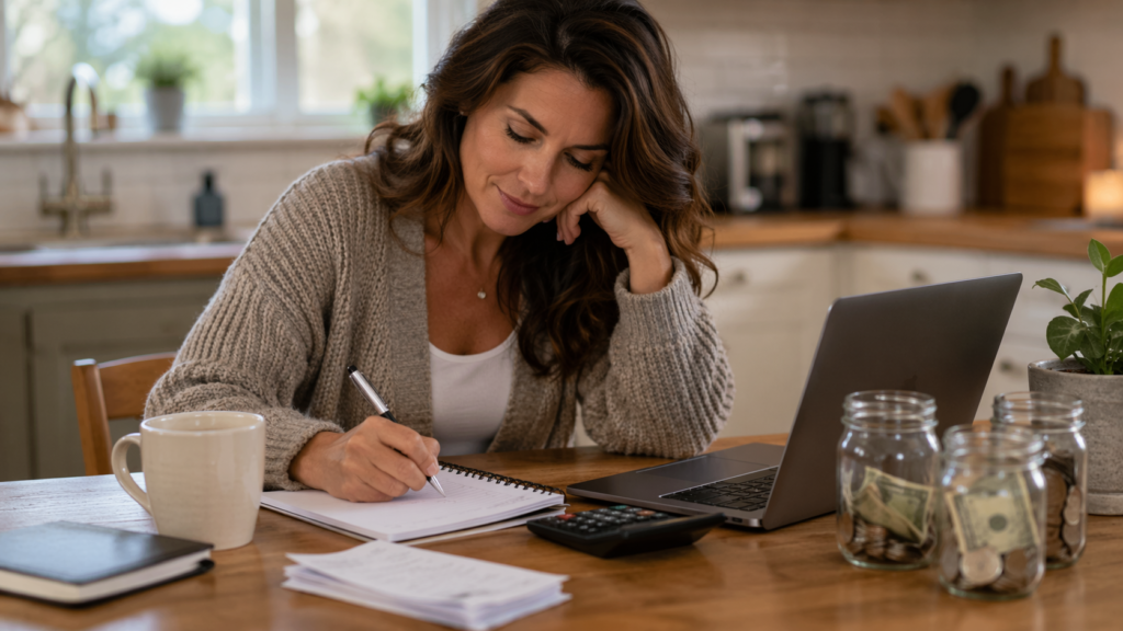 Mom sitting at table working on a simple family budget.  There is a computer, calculator, notebook and savings jars of money. 