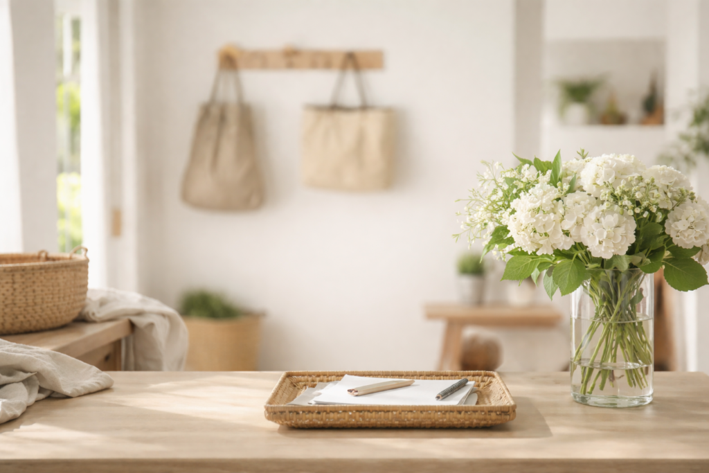 Table with hydrangeas with a tray for papers; showcasing someone using the repetition repeat