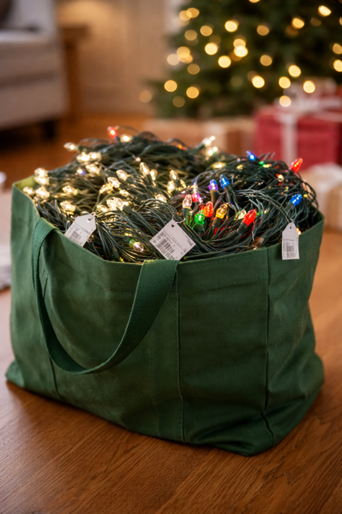 A holiday green bag filled with lights with price tags on them.  