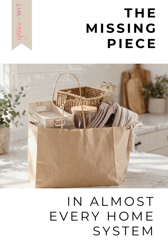 A paper shopping bags with home organization objects coming out of it: hangers, baskets, etc.